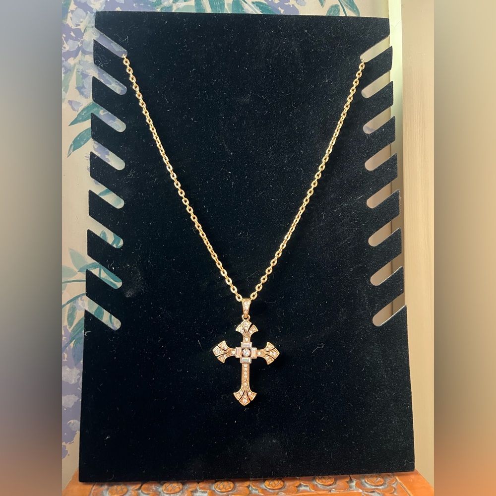 Vatican Library Gold-Tone Cross Necklace w/ Sparkling Rhinestones - Picture 2 of 16